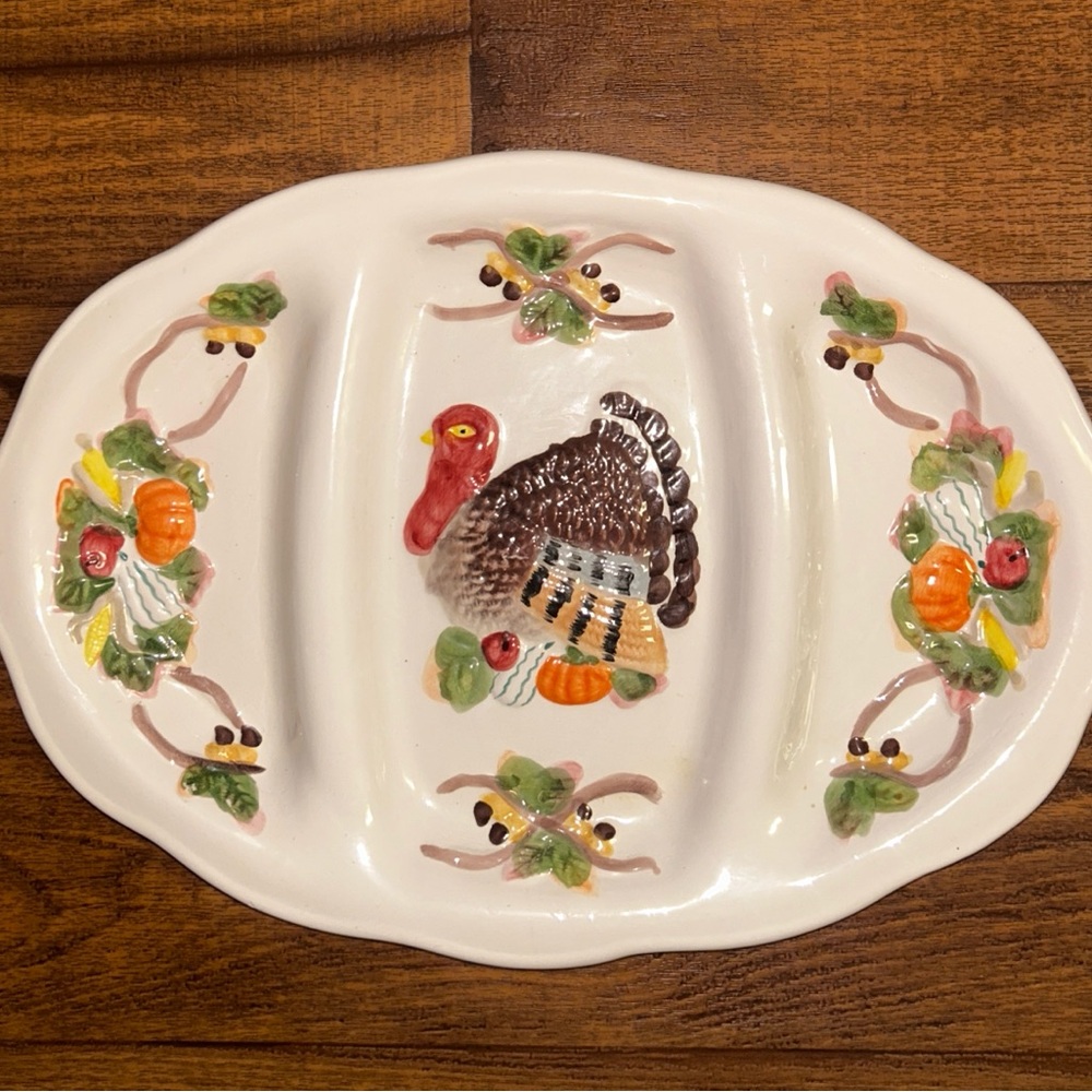 World Bazaar ~ Vtg ~Multi-Colors Ceramic Turkey 3 Sections Serving Dish Platter